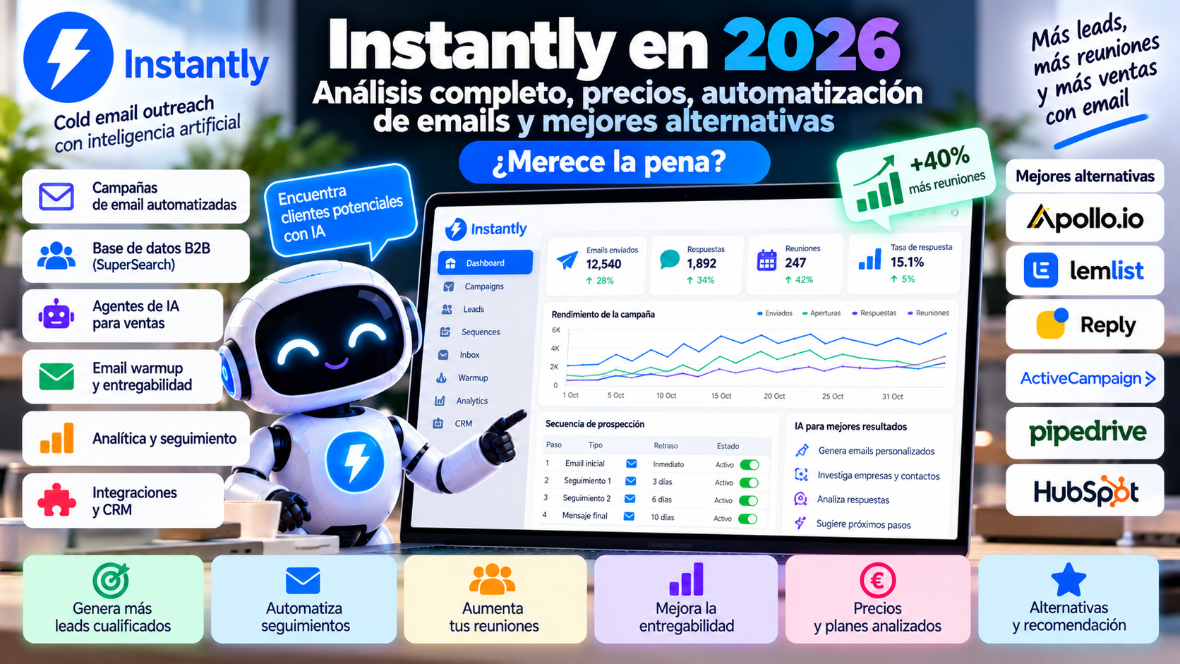 Instantly en 2026: análisis completo, precios, automatización de emails y mejores alternativas. ¿Merece la pena?
