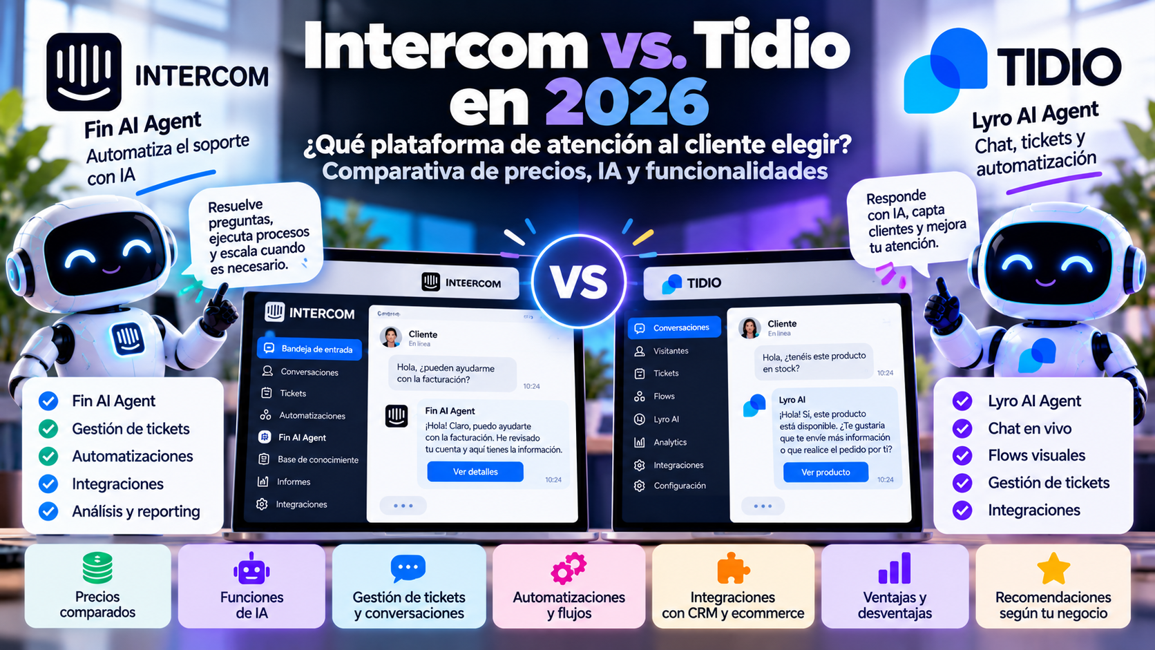 Intercom vs. Tidio en 2026: ¿qué plataforma de atención al cliente elegir? Comparativa de precios, IA y funcionalidades