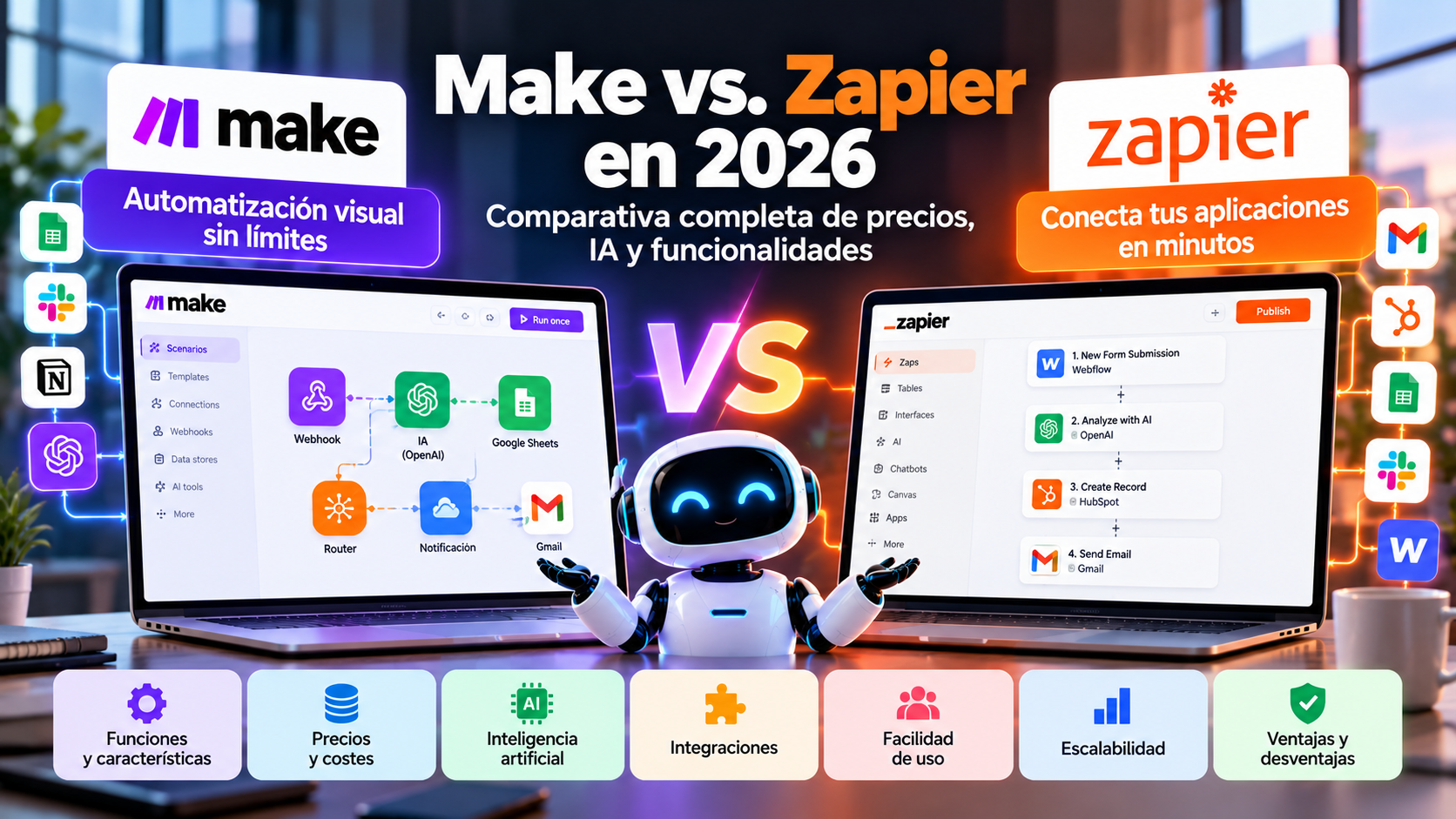 Make vs. Zapier en 2026: ¿qué plataforma de automatización elegir? Comparativa completa de precios, IA y funcionalidades