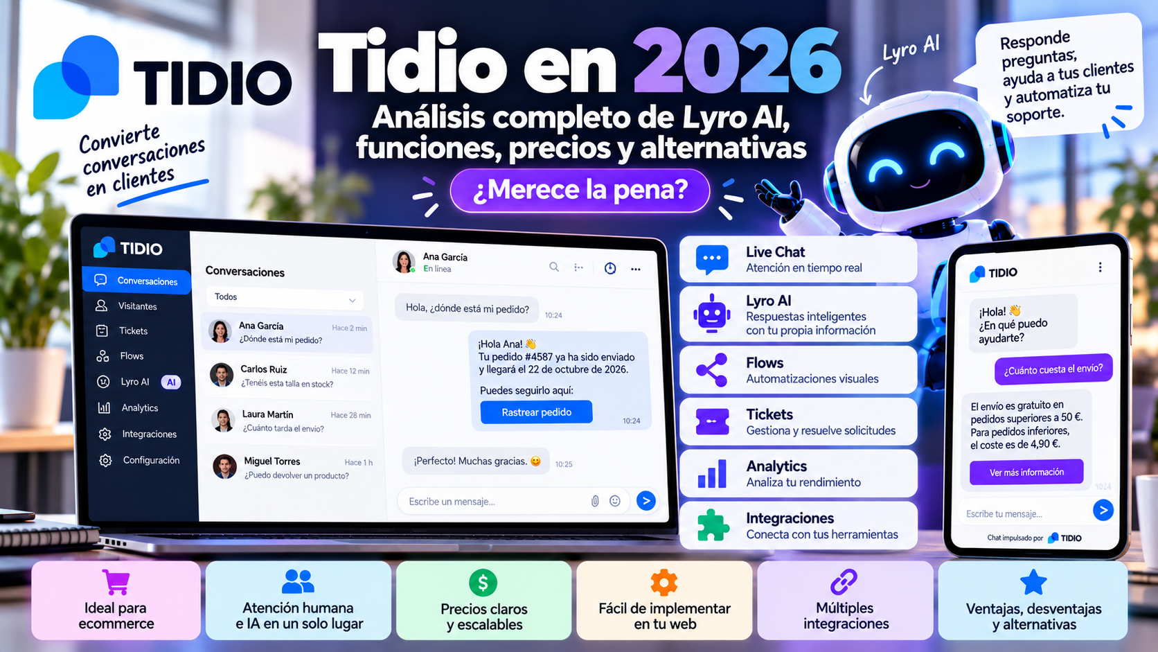 Tidio en 2026: análisis completo de Lyro AI, funciones, precios y alternativas. ¿Merece la pena?